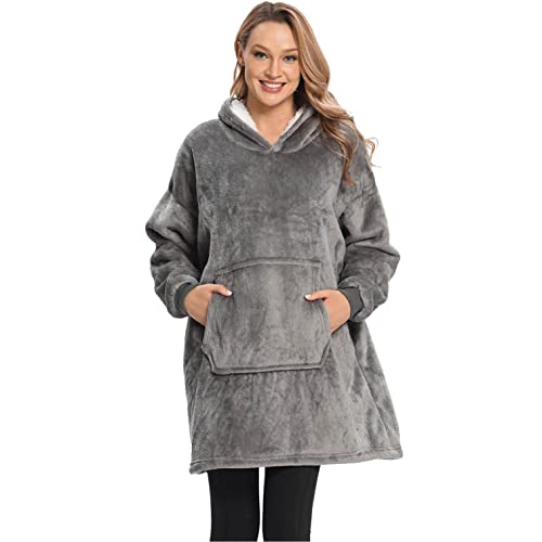 Manta con Capucha Sudadera Calentita Grande Pullover Sudaderas Con Capucha Para Mujer Oversize Pullover Blanket Hoodie Muy Cómodas Sudadera Con Bolsillo Sweatshirt Abrigo (gris)