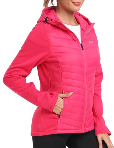 Image of MoFiz Womens Fleece Lined Softshell Jacket Hooded Lightweight Insulated Puffer Hybrid Down Jacket Full Zip Running Coat