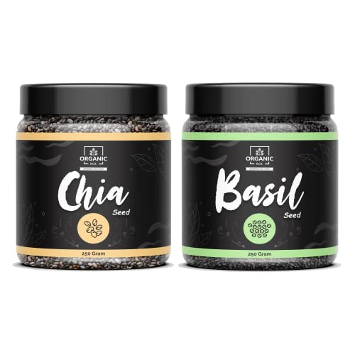Image of Organic Box 100% Natural and Premium Raw Unroasted Chia Seeds and Basil Seeds - 250 Gram Each - Omega 3 and Fiber for Weight Loss - Diwali Gift Pack (500gm)