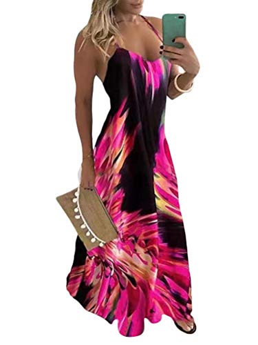 ORANDESIGNE Femme Robe Longue Vintage Boho Col Rond sans Manches Robe de Plage Floral B Rose Rouge 48