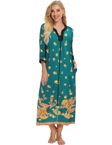Image of Bloggerlove House Dresses for Women Zip Up Robes Soft Cotton Nightgown Half Sleeve House Coat Long Night Gowns Sleepwear