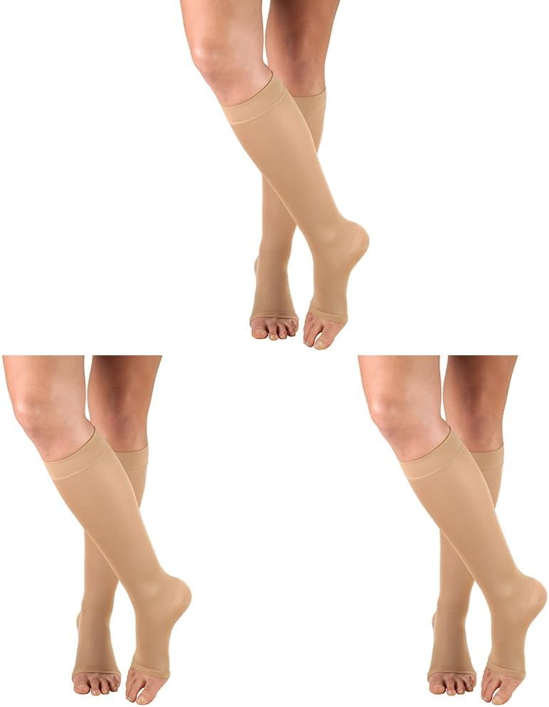 Truform Women's Compression Stockings, 20-30 mmHg, Knee High Length, Open Toe, Opaque, Beige, X-Large (Pack of 3)