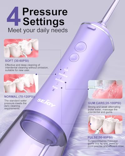 Munddusche Kabellos Elektrischer Zahnreiniger, Sejoy Zahndusche Water Flosser 5 Modi & 6 Düsen USB-C Wiederaufladbare Wasser Flosser IPX7 Wasserdicht, 280ML Wassertank Mund Reiniger (Lila) – Bild 4