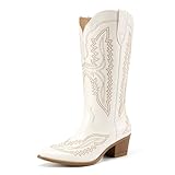 Athlefit Women's Square Toe Cowboy Cowgirl Boots Low Chunky Heel Embroidery Western Mid Calf Boots for Country Concerts, White, Size 8, AD00754