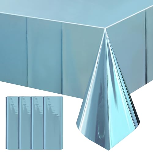 4pcs Light Blue Foil Tablecloth 54*72inch Plastic Baby Shower Frozen Birthday Party Table Cloths Disposable Waterproof Table Cover for Winter Christmas Wedding Graduation Party Supplies