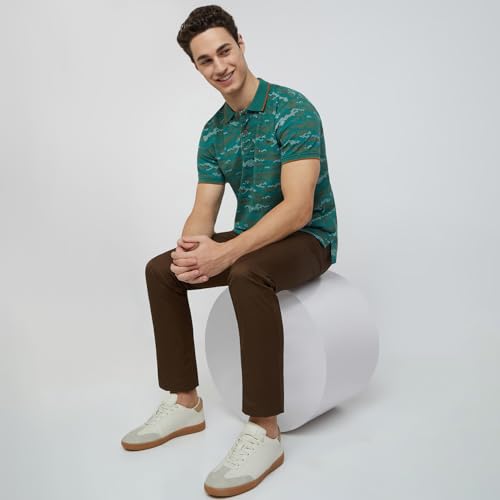 Image of Colorplus Men's Regular Fit Print Pattern Pure Cotton Half Sleeve Polo Neck Casual T-Shirt