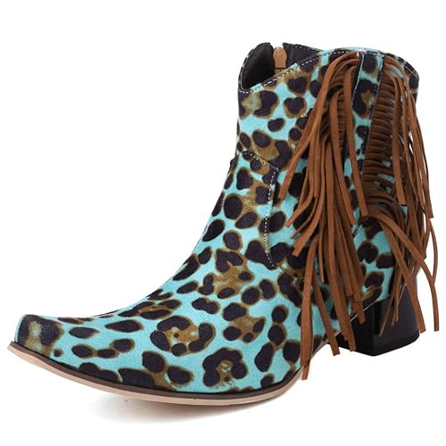 Caradise Womens Tassel Fringe Cowboy Boots Faux Suede Chunky High Heel Ankle Boots