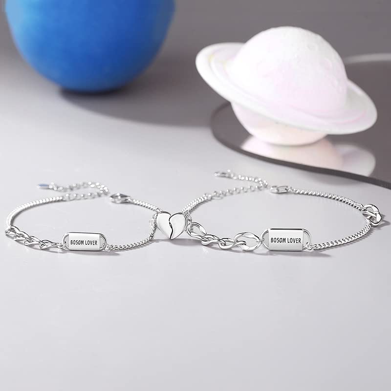 Braccialetto Da Donna In Argento Sterling 925 2 Pezzi Braccialetti Magnetici Per Coppie Con Cuore Abbinato In Argento Sterling Braccialetti Con Lettere Incise Ciondolo D'Amore Braccialett