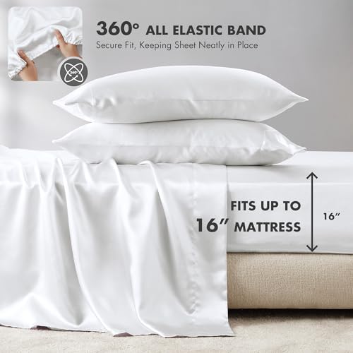Image of Madison Park Essentials Satin Sheets Queen Size Bed Set, 6 Piece, White | Luxury and Smooth Silky Bedding with Natural Sheen, All Around Elastic 14 inch Pocket fits up to 16 inch Mattress, Year-Round Cozy