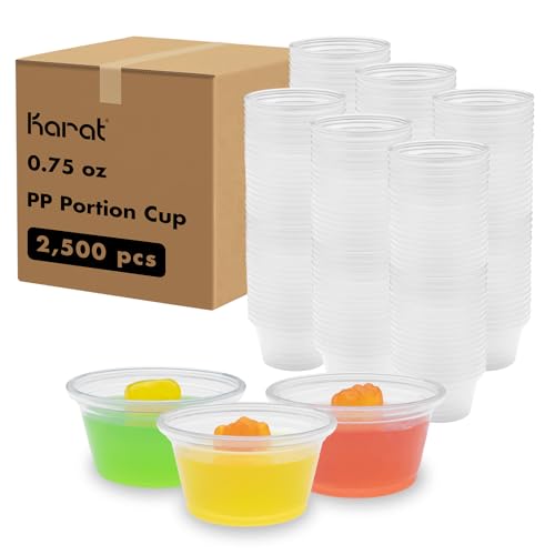 Image of Karat 0.75 oz Disposable Plastic Portion Cups [2500 ct] - Clear PP Sample Cups for Condiments, Sauces, Food Sampling