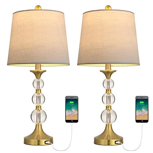 Oneach 24.2" Crystal Table Lamps USB Charging Port for Living Room Set of 2 Modern Bedside Lamp with Clear Stacked Ball Night Light Lamp for Bedroom Accent Antique Brass