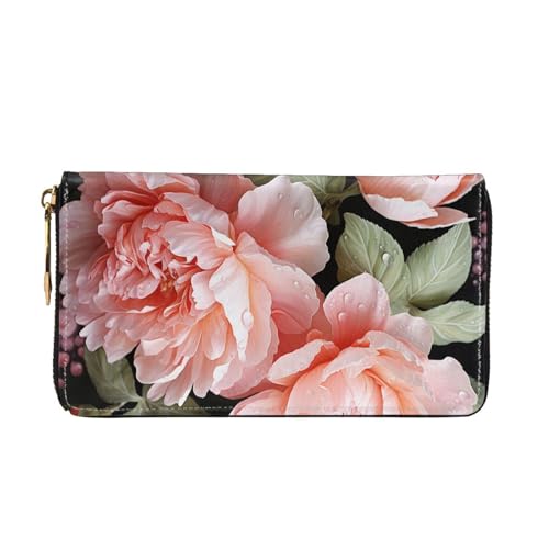 Peony Flowers Rose Women Wallets Leather Zip Around Clutch Purses Waterproof Credit Card Holder With Phone Holder Ladies Travel Coin Purse2
