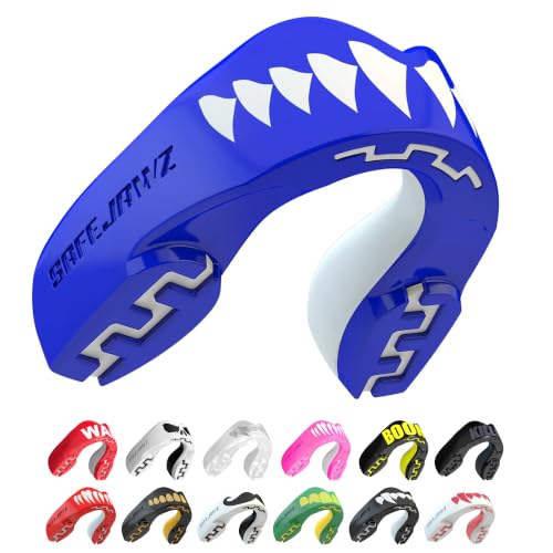 SAFEJAWZ Protector bucal adultos y niños para todos los deportes de contacto, incluidos rugby, MMA, artes marciales de kickboxing, judo, hockey y boxeo (Shark, Adulto (12+ Años))