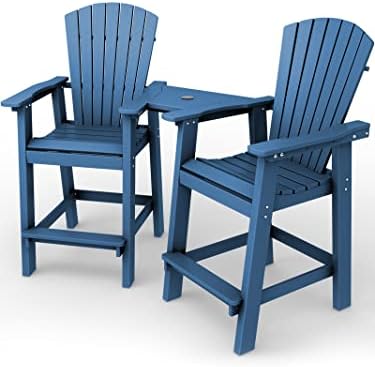KINGYES Balcony Chair Tall Adirondack Chair Set of 2 Outdoor Adirondack Barstools with Connecting Tray - Patio Stools Weather Resistant for Deck Balcony Pool Backyard, Blue