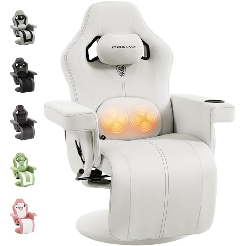 Dowinx Relaxsessel Gaming Sessel mit Shiatsu Massagefunktion, Fernsehsessel mit Liegefunktion 90°–135° und Fußstütze, 360° drehbarer Gaming Stuhl ohne Rollen, Getränkehalter, Seitentaschen, Weiß