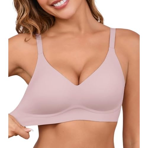 DEANGELMON Seamless Bras for Women No Underwire Comfortable Push Up Bra V Neck Wireless Bralette Full Coverage Wire Free Pink Large