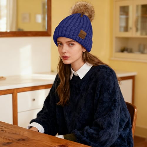Gorro de punto para mujer con pompón de piel sintética miniatura 6