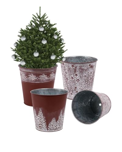 Christmas Red Galvanized Metal Buckets - 4Pcs Rustic Farmhouse Tin