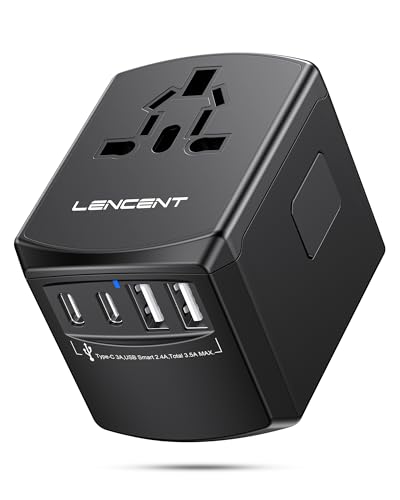 LENCENT Universal Travel Power Adapter, International AC Plug Adaptor with 2 USB C 2 USB A Ports Wall Charger Worldwide Travel Essentials for SG to US EU UK Ireland Australia (Type C/G/A/I) Black