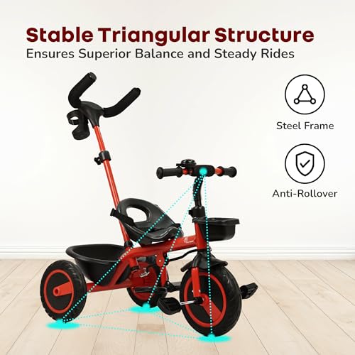 Image of R for Rabbit Tiny Toes R20 Plus Tricycle for Kids with Rubber Wheels, Adjustable Parental Control, Front & Rear Storage Basket | Baby Trike Cycle for 2 to 5 Year, Upto 25 Kgs Boy & Girl (Cherry Red)