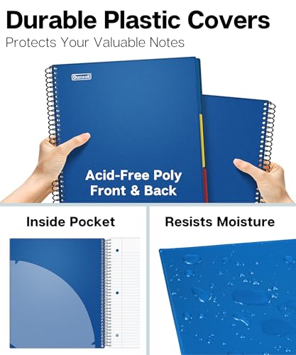 Image of Dunwell 3-Subject Spiral Notebook College Ruled 8.5x11 (Blue), 150 Sheets (300 Pages), Tabs, Colorful Movable Divider Pockets Fit 8.5 x 11 Content, Front /Back Plastic Covers, 3-Hole Perforated Pages
