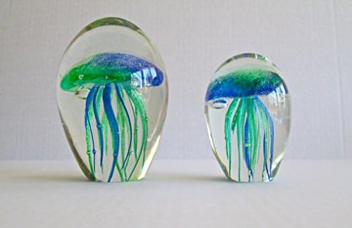 G.I.I Blue/Green 3.5" and 5" Jellyfish Paperweight Nautical Art Glass Sculpture Glow in The Dark