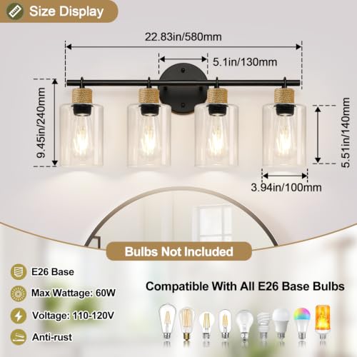 Image of MOKATNG Bathroom Light Fixtures, 4-Light Farmhouse Vanity Lights with Hemp Rope, Black Bathroom Wall Lamp for Mirror Kitchen Hallway Cabinet