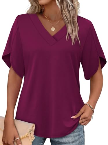 Image of WIHOLL Womens Summer Tops Short Petal Sleeve Shirts Fashion V Neck Womens Clothing