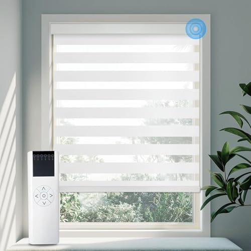 Image of Motorized Zebra Blinds Custom Size Smart Dual Layer Shades for Windows with Remote | Assembled in USA | Electric Day and Night Privacy Light Filtering Rechargeable Quiet Motor Window Shades