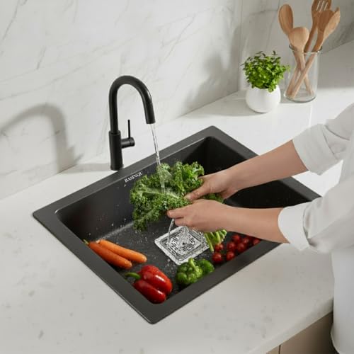 Image of BASINQU Quartz Sink for Kitchen | 21x18x9 Inches Quartz Kitchen Sink Black | Granite Sink For Kitchen Basin UV Protected, Granite Scratch Resistant, Undermount /Topmount Sinks
