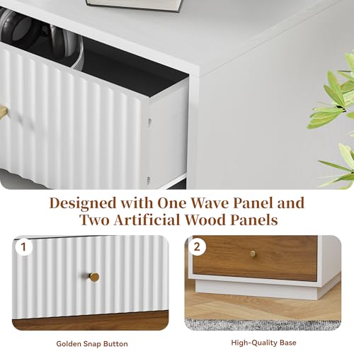 Image of 23.6 inch Set of 2 Tall Night Stand with 3 Storage Drawers, Fluted Nightstand with Metal Handles, Modern End Table Bedside Table Chest for Bedroom, White and Natural