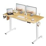 SANODESK 電動昇降式デスク E150 高さ調節デスク パソコンラック PCデスク 収納ボックス付き メモリー機能付き 人間工学 耐荷重60kg 在宅ワーク/オフィス用 二枚板 (脚部（白）＋天板（メイプル）, 140*60cm)