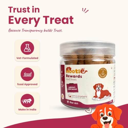 Image of Nootie Calcium Bone Dog Treats 220g | Seaweed & Goat Milk | Dental Health, Clean Teeth & Strong Gums | Milk & Strawberry | All Breeds & Puppies Above 4 Months