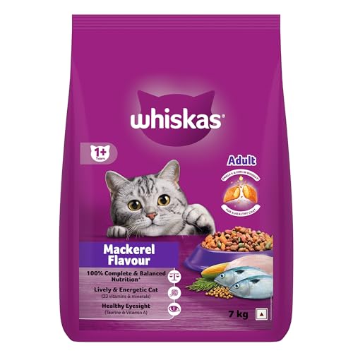 Image of Whiskas Adult (1+ Years) Dry Cat Food, Mackerel Flavour, 7 kg, Contains 41 Essential Nutrients, Complete & Balanced Nutrition for Adult Cats (Pack of 2)