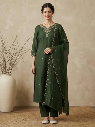 Image of INDO ERA Women's Silk Blend Embroidered Straight Kurta Pant with Dupatta Set