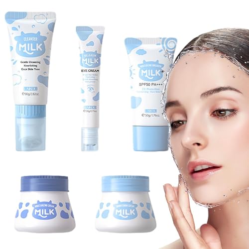 Set Per La Cura Della Pelle Al Latte, 5 Pezzi Milk Skincare Set Per Bambini E Adolescenti, Kit Per La Cura Del Viso Con Crema Per Gli Occhi, Idratante, Crema Solare, Illuminante E Detergente