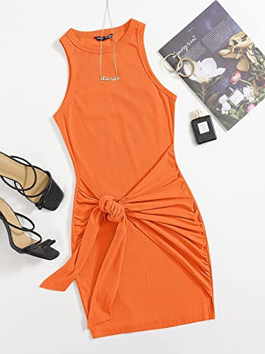 Shein Women's Ruched Tie Waist Mini Dresses Sleeveless Beach Tank Dress Casual Bodycon Short Dress Small Solid Orange #TOP4