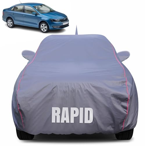 Image of 100% Waterproof Car Body Cover for Skoda Rapid with Mirror Pocket (Heat & UV Resistant, Triple Stitched, Soft Lining, Bottom Elastic & Piping) Grey