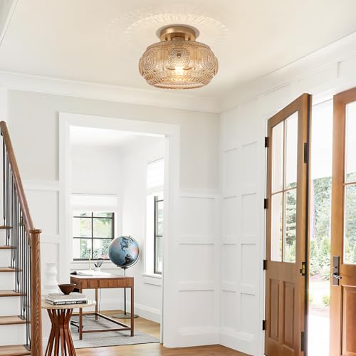 Image of 11 inch Mid Century Glass Semi Flush Mount Ceiling Light Fixture Amber