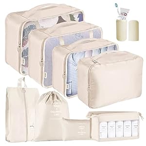 Packing Cubes – 9 PCS Travel Luggage Organizers Set Waterproof Suitcase Organizer Bags Travel Essentials Clothes Shoes Cosmetics Toiletries Storage Bags (Beige)