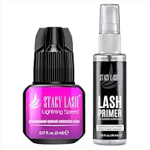Lightning Speed Eyelash Extensions Glue Stacy Lash 5ml + 40ml Primer/ 0.3 Sec Drying time/Retention 6-8 Weeks/Lowest Fumes/Maximum Bonding Power/Professional Use Only/Black Adhesive