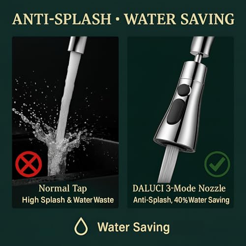 Image of DALUCI Kitchen Tap Extender for Sink 360 Rotating Tap Extension Flexible Faucet Extender with 3 Mode Spray Head Splash Proof Water Tap Extension for Kitchen Sink Fits 22mm 24mm Taps (Chrome)