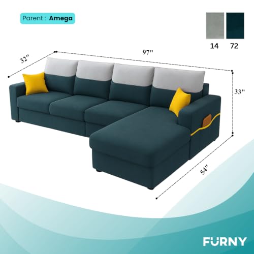 Image of Furny Tokiaa 6 Seater Fabric RHS L Shape Sofa Set (Tealish Green) | Soft Velvet Fabric | Modern Design | Comfortable Seating | Living Room Furniture