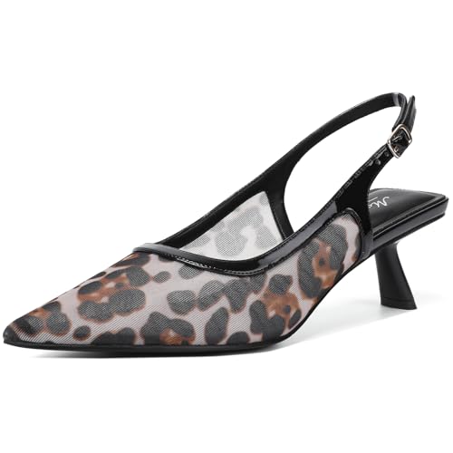 Image of Mostrin Kitten Heels for Women Pointed Toe Pumps Patent Leather Low Heel Slingback Heels with Buckle Dress Shoes for Dating Party Working
