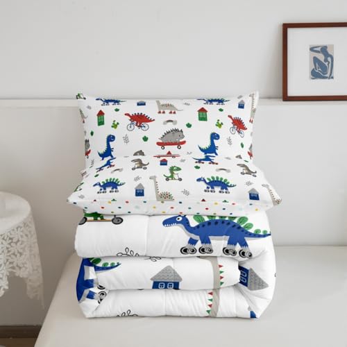 Image of Feelyou Kids Cartoon Dino Comforter Set King Size, Blue Green Dinosaur Bedding Set Boys Girls Kawaii Comforter Jungle Dino Duvet Insert 3Pcs