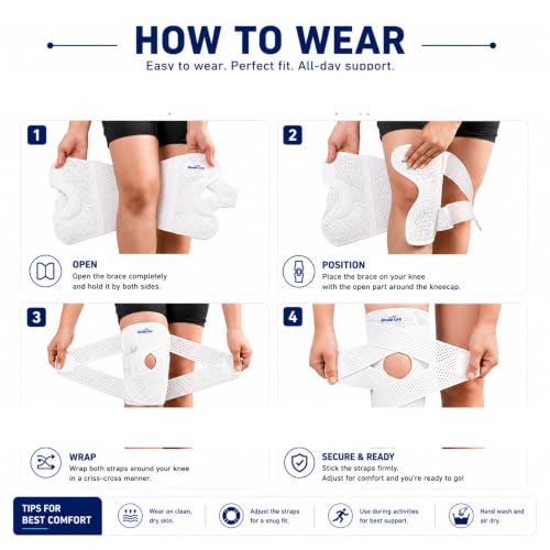 Image of Wonder Care Adjustable Wrap Knee Support Brace, Air Mesh Fabric Knee Brace Cap for Pain Relief, Sports, Arthritis, Running Protection Men Women [White] (1, M)