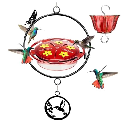 Kingsyard Upgraded Hummingbird Feeder Hanging, Large Capacity Nectar Tray Bee Proof Leakproof, Outdoor 5 Port Perch Metal Bracket Ant Moat Easy Clean Weather Resistant，Black Metal Frame