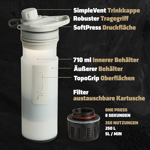 GRAYL GeoPress 710ml Outdoor Wasserfilter Trinkwasser I Eliminiert 99,99% aller Bakterien und Viren I Perfekt für Camping, Survival und Reisen (Peak White) 2