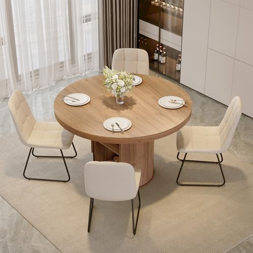 Image of 5-Piece Dining Set for Small Spaces 43.3 inch Round Table & 4 PU Leather Chairs, Modern Farmhouse with Storage Shelf, Apartment Kitchen Easy Assembly (Walnut Color Round Table + 4 U-Shaped White Chairs)