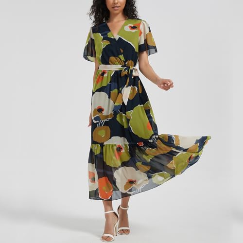 Image of Women's Summer Bohemian Floral Chiffon Dress Cap Sleeve V Neck Ruffle Long Flowy Boho Casual Vacation Dresses
